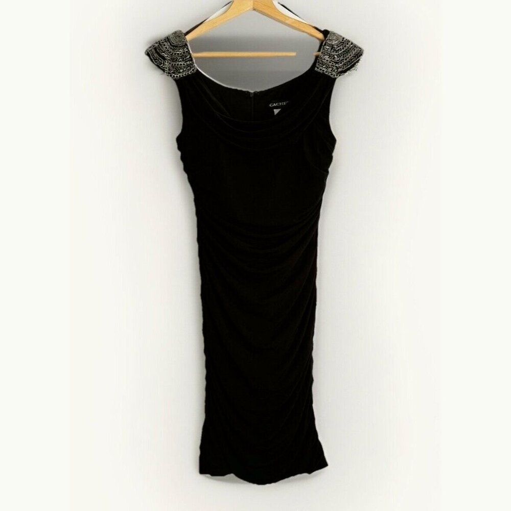 Vintage Cache Ruched Chain Beaded Shoulder Dress Small (VTG 10) Edgy Cocktail